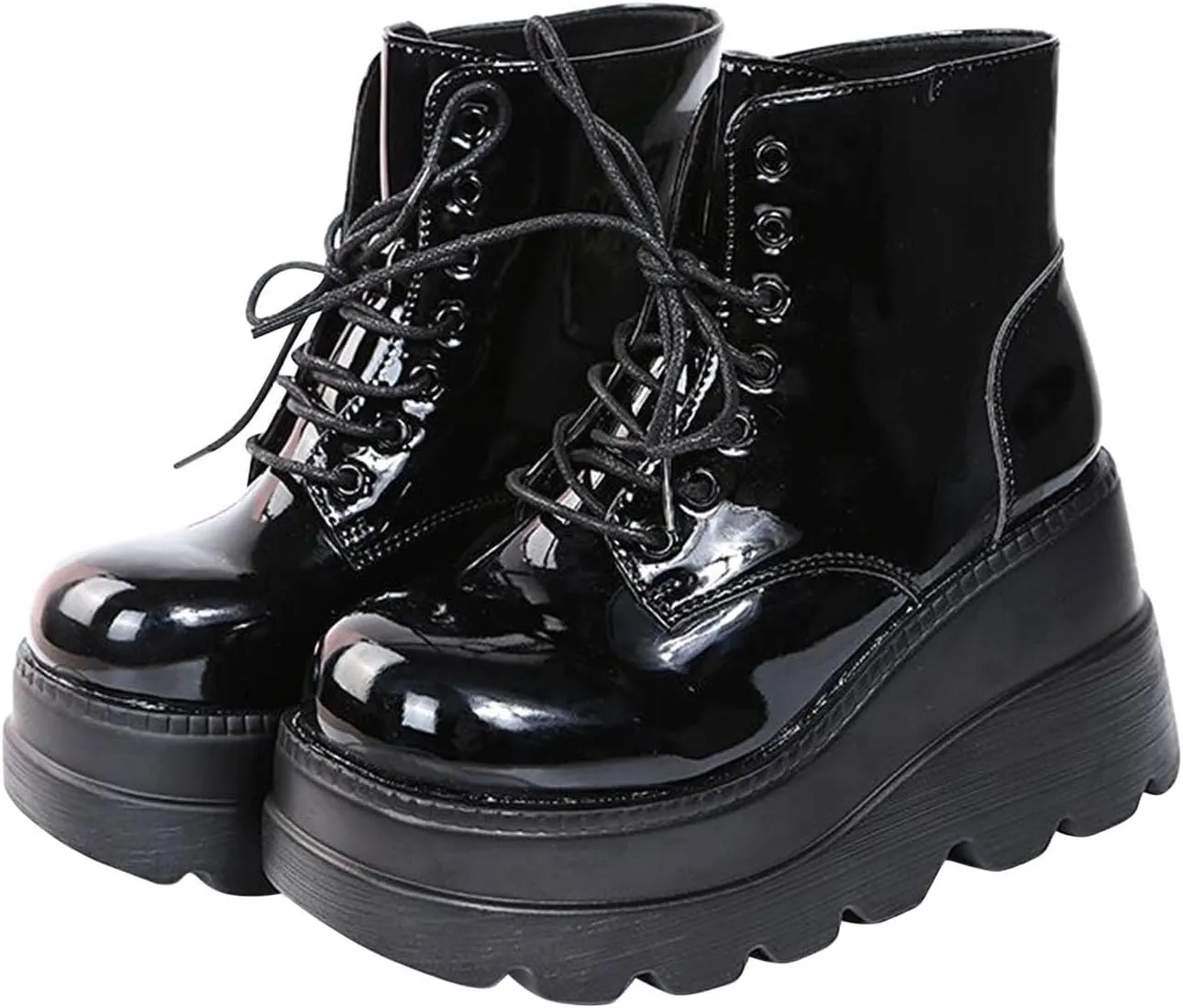 Womens High Platform Goth Ankle Booties Wedges Chunky High Heel Round-Toe Lace up Punk Combat Boots for Women