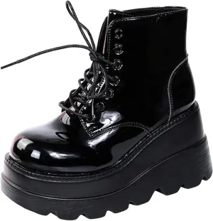 Womens High Platform Goth Ankle Booties Wedges Chunky High Heel Round-Toe Lace up Punk Combat Boots for Women