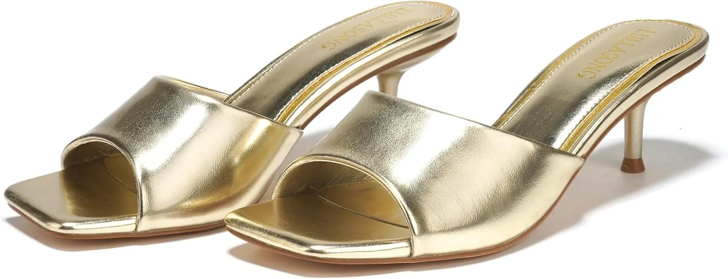 Women's Kitten Heels Sandals Low Heels Slip On Slides 2 Inch Heeled Square Open Toe Sandals for Women