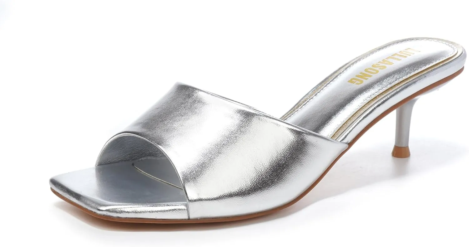 Women's Kitten Heels Sandals Low Heels Slip On Slides 2 Inch Heeled Square Open Toe Sandals for Women
