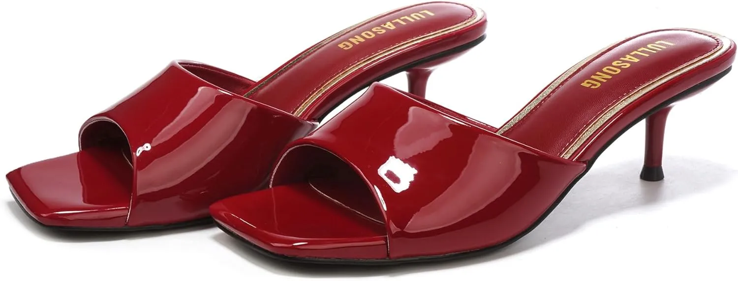 Women's Kitten Heels Sandals Low Heels Slip On Slides 2 Inch Heeled Square Open Toe Sandals for Women