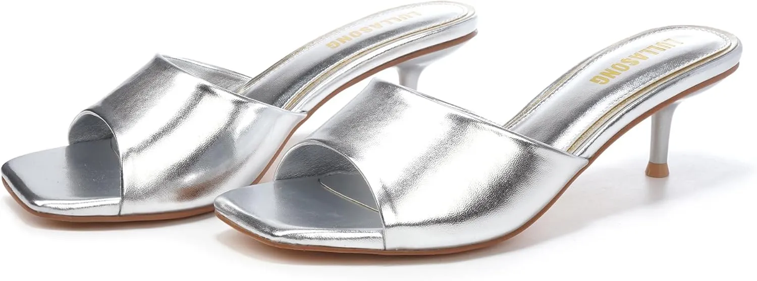 Women's Kitten Heels Sandals Low Heels Slip On Slides 2 Inch Heeled Square Open Toe Sandals for Women