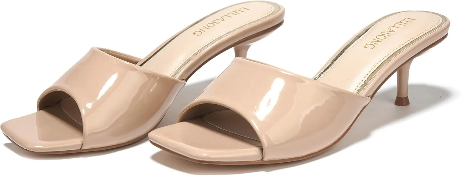Women's Kitten Heels Sandals Low Heels Slip On Slides 2 Inch Heeled Square Open Toe Sandals for Women