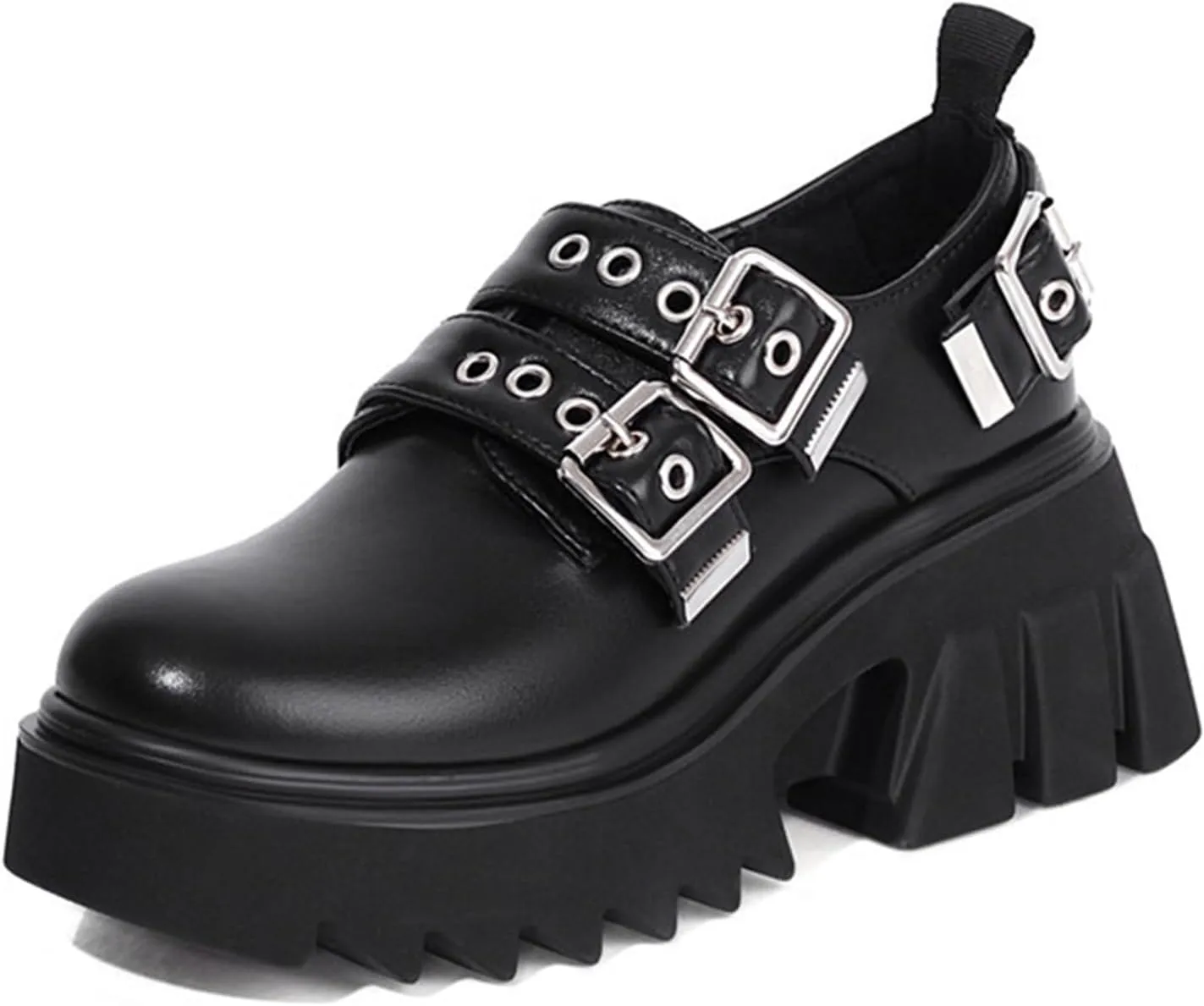 Women's Leather Platform Buckle Mary Jane Shoes Chunky Block Lug Sole Comfortable Slip-On Loafers Non-Slip Work Shoes