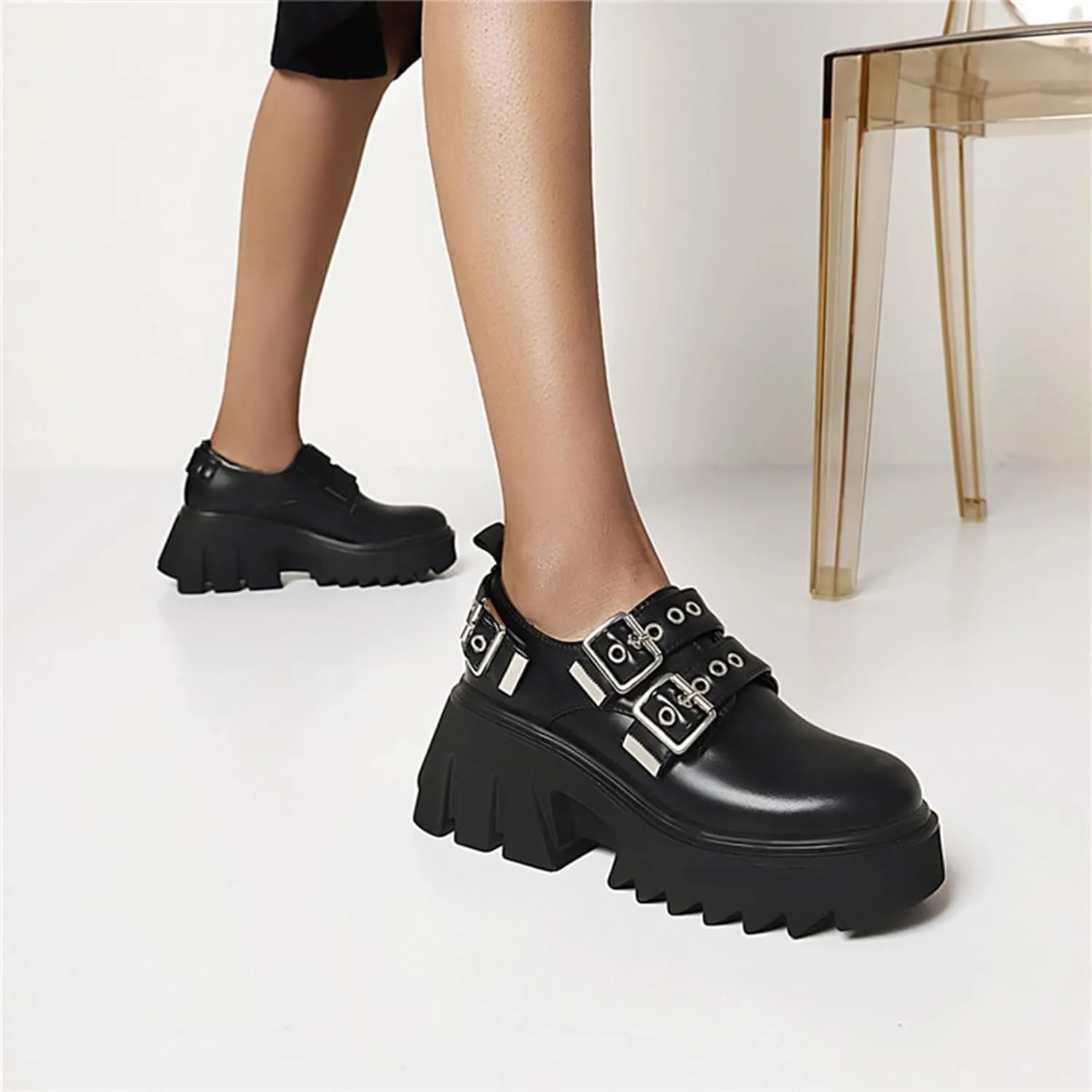 Women's Leather Platform Buckle Mary Jane Shoes Chunky Block Lug Sole Comfortable Slip-On Loafers Non-Slip Work Shoes