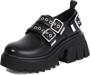 Women's Leather Platform Buckle Mary Jane Shoes Chunky Block Lug Sole Comfortable Slip-On Loafers Non-Slip Work Shoes