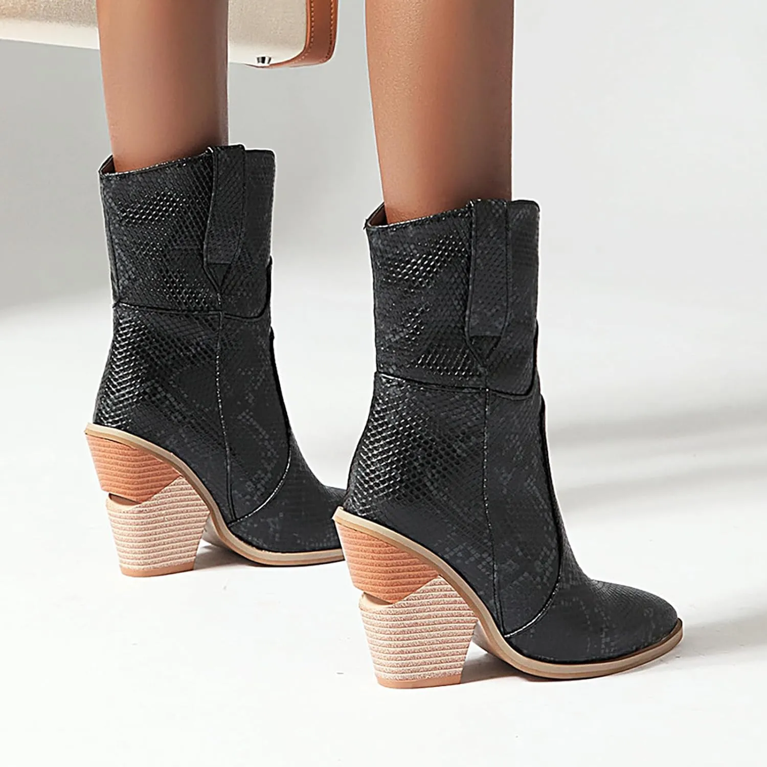 Women's Python Pattern Ankle Boots Mid Calf Pull On Low Chunky Heels Pointed Short Booties