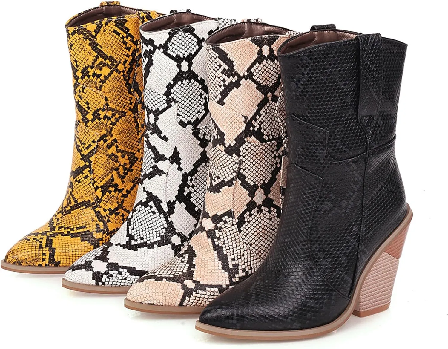 Women's Python Pattern Ankle Boots Mid Calf Pull On Low Chunky Heels Pointed Short Booties