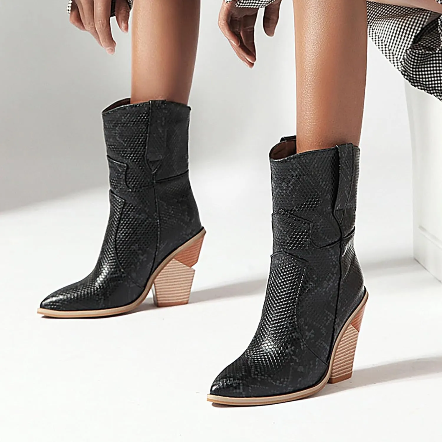 Women's Python Pattern Ankle Boots Mid Calf Pull On Low Chunky Heels Pointed Short Booties