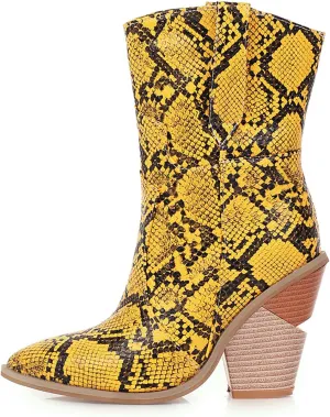 Women's Python Pattern Ankle Boots Mid Calf Pull On Low Chunky Heels Pointed Short Booties
