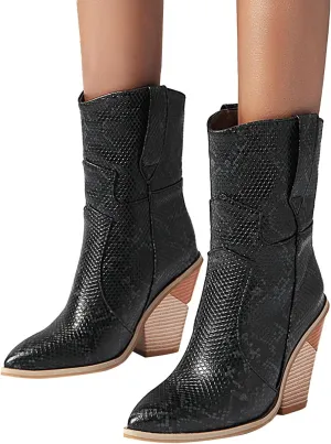 Women's Python Pattern Ankle Boots Mid Calf Pull On Low Chunky Heels Pointed Short Booties
