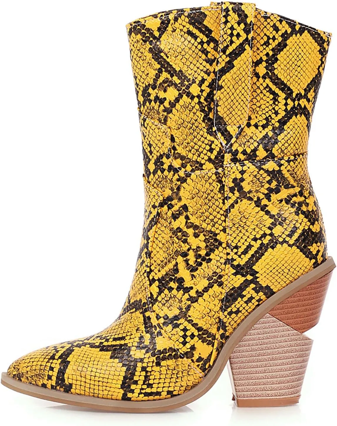 Women's Python Pattern Ankle Boots Mid Calf Pull On Low Chunky Heels Pointed Short Booties