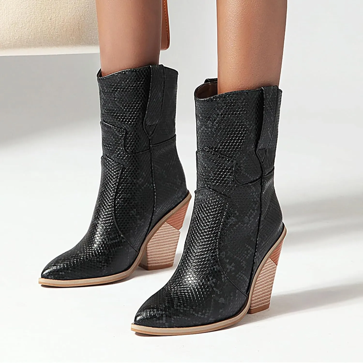 Women's Python Pattern Ankle Boots Mid Calf Pull On Low Chunky Heels Pointed Short Booties