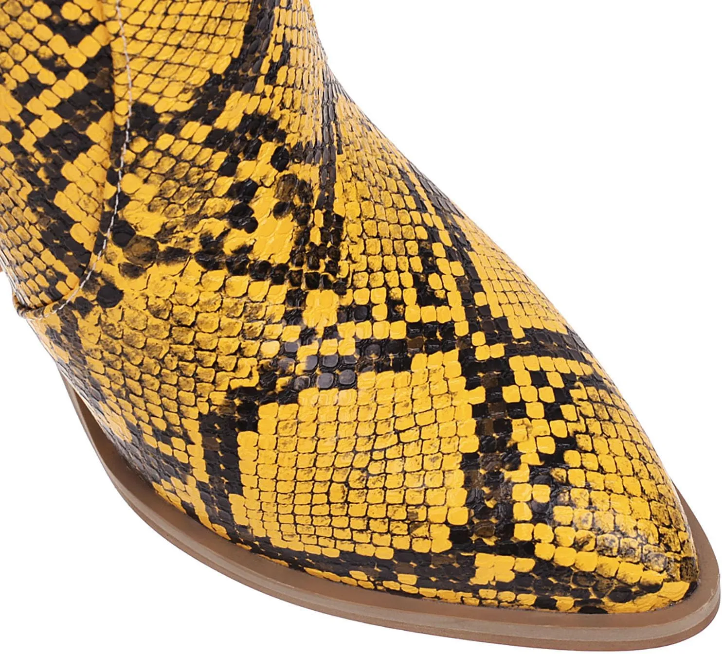 Women's Python Pattern Ankle Boots Mid Calf Pull On Low Chunky Heels Pointed Short Booties