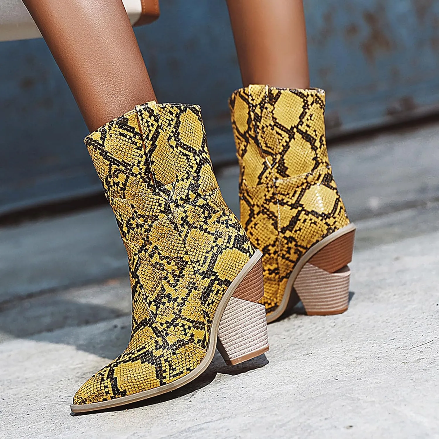Women's Python Pattern Ankle Boots Mid Calf Pull On Low Chunky Heels Pointed Short Booties