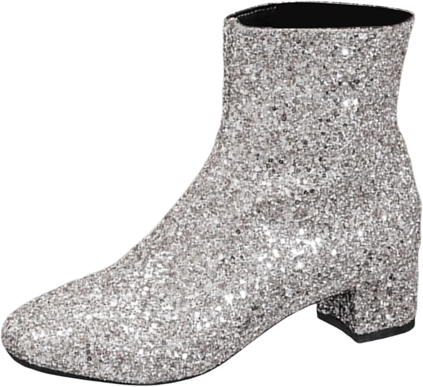 Women's Silver Glitter Chunky Ankle Booties - Zippered, Block Heel, Waterproof, Casual, Everyday Wear, Cosplay