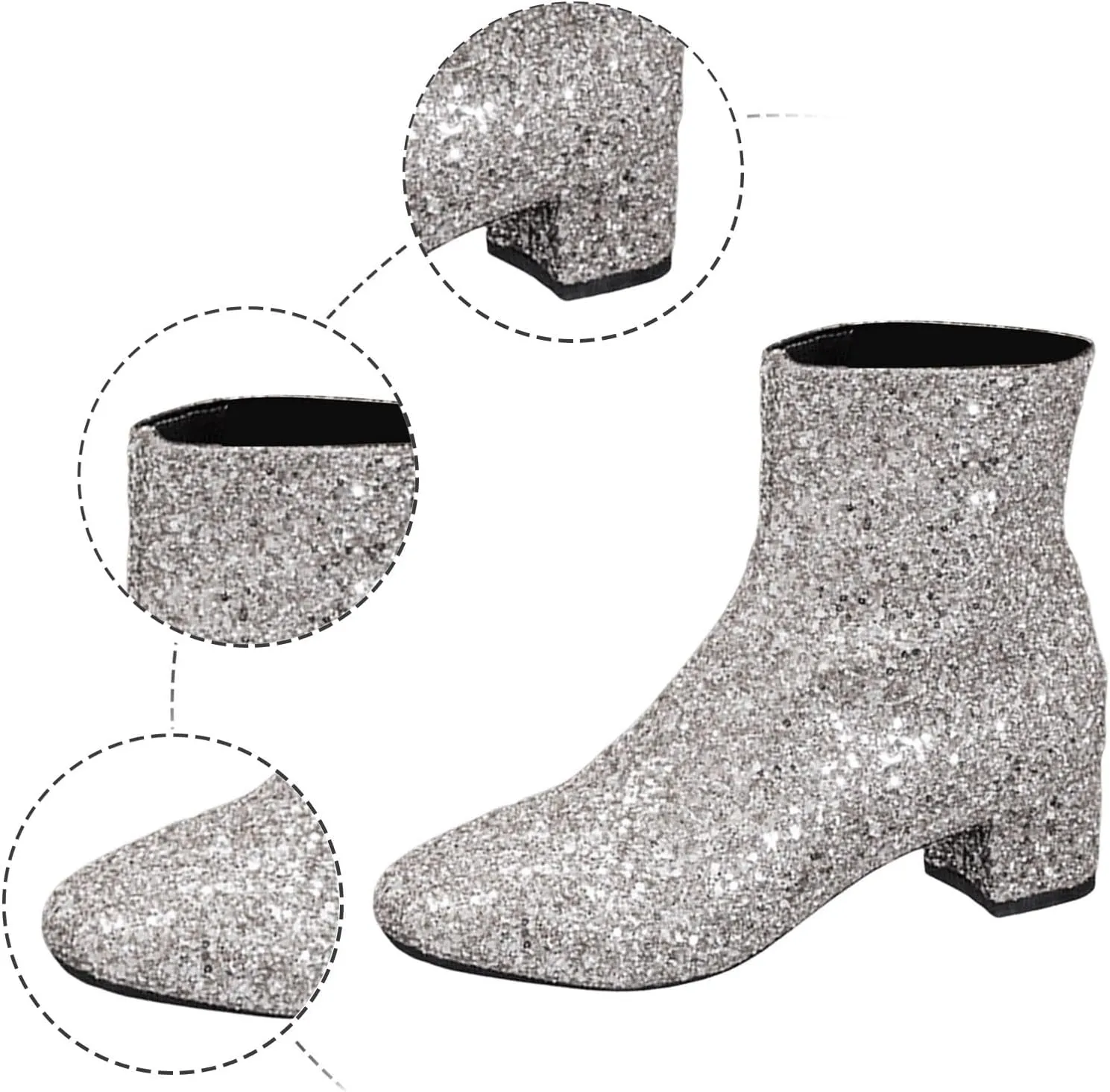 Women's Silver Glitter Chunky Ankle Booties - Zippered, Block Heel, Waterproof, Casual, Everyday Wear, Cosplay