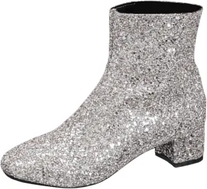 Women's Silver Glitter Chunky Ankle Booties - Zippered, Block Heel, Waterproof, Casual, Everyday Wear, Cosplay
