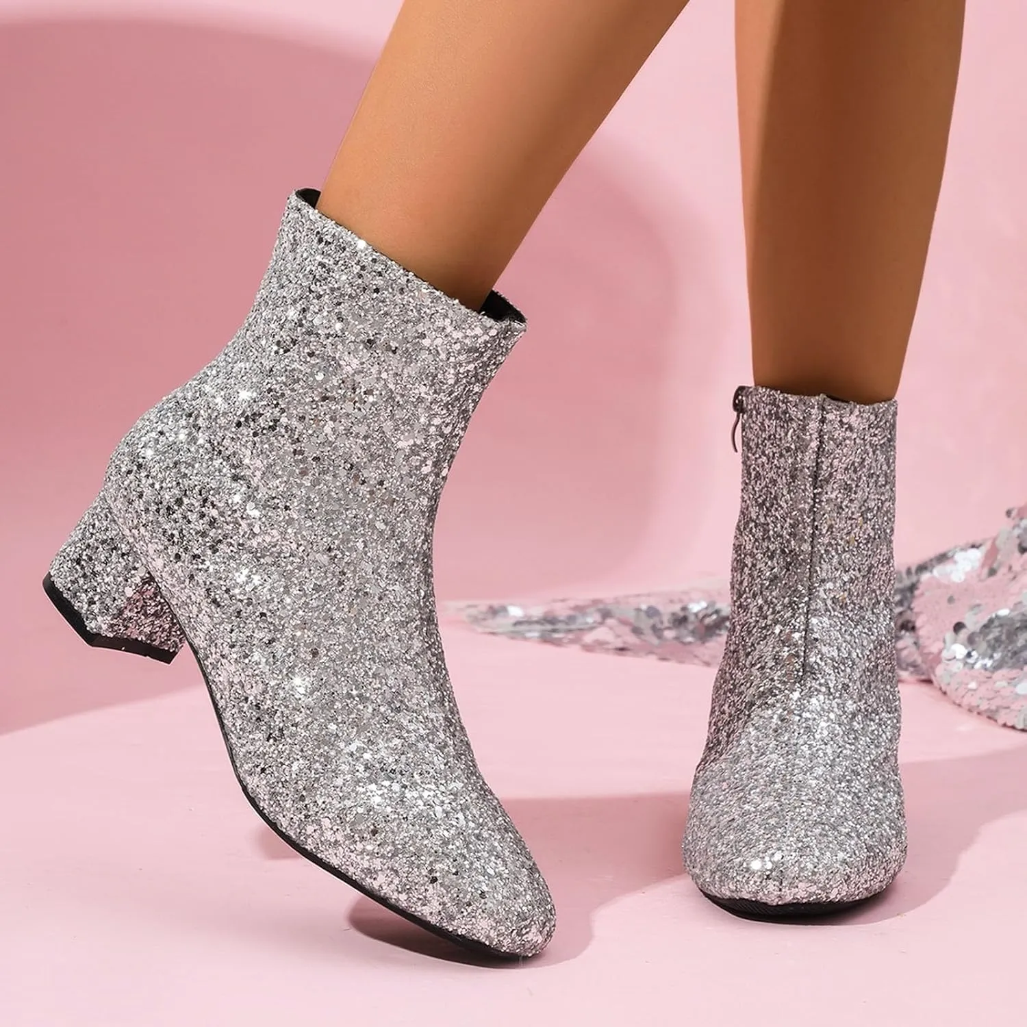 Women's Silver Glitter Chunky Ankle Booties - Zippered, Block Heel, Waterproof, Casual, Everyday Wear, Cosplay