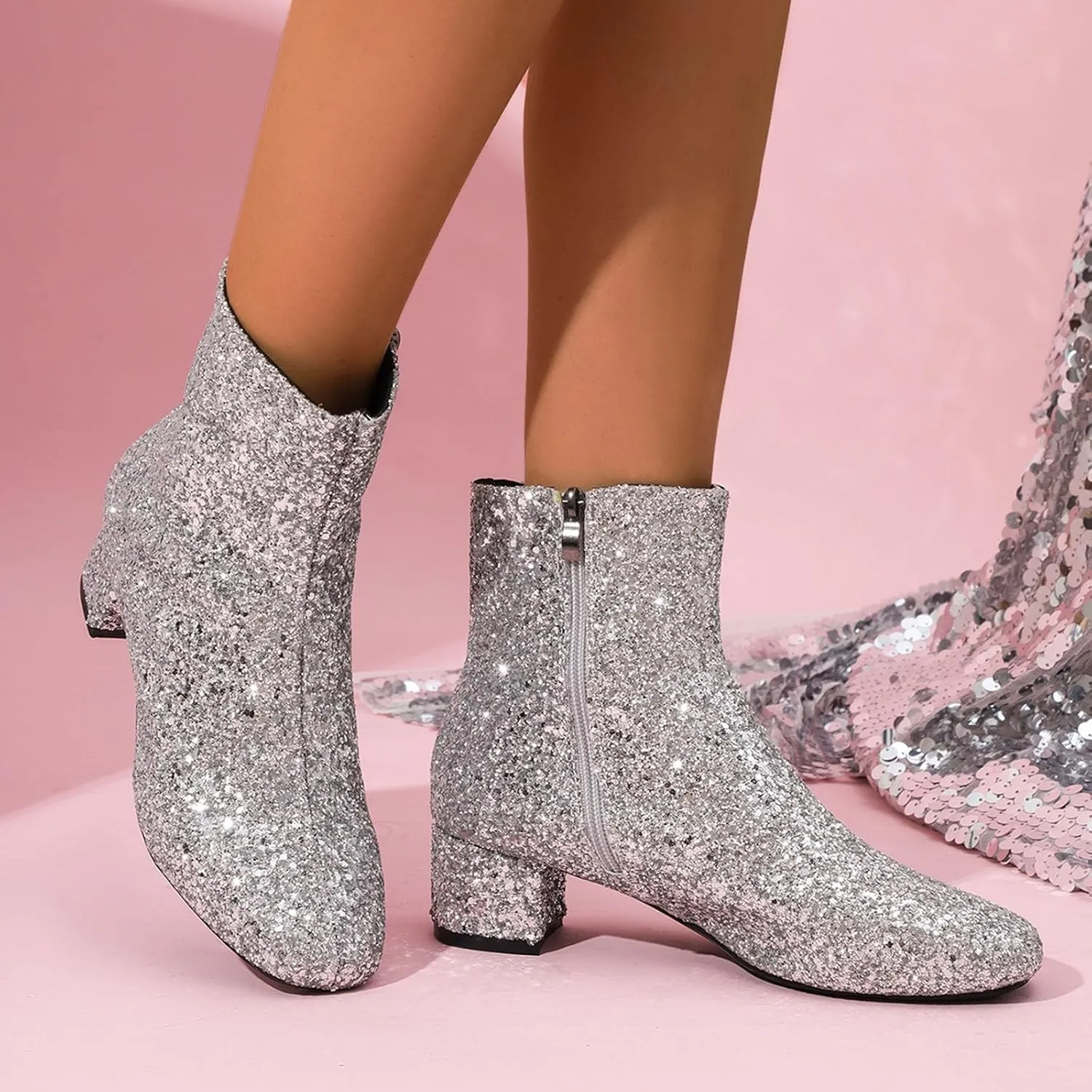 Women's Silver Glitter Chunky Ankle Booties - Zippered, Block Heel, Waterproof, Casual, Everyday Wear, Cosplay