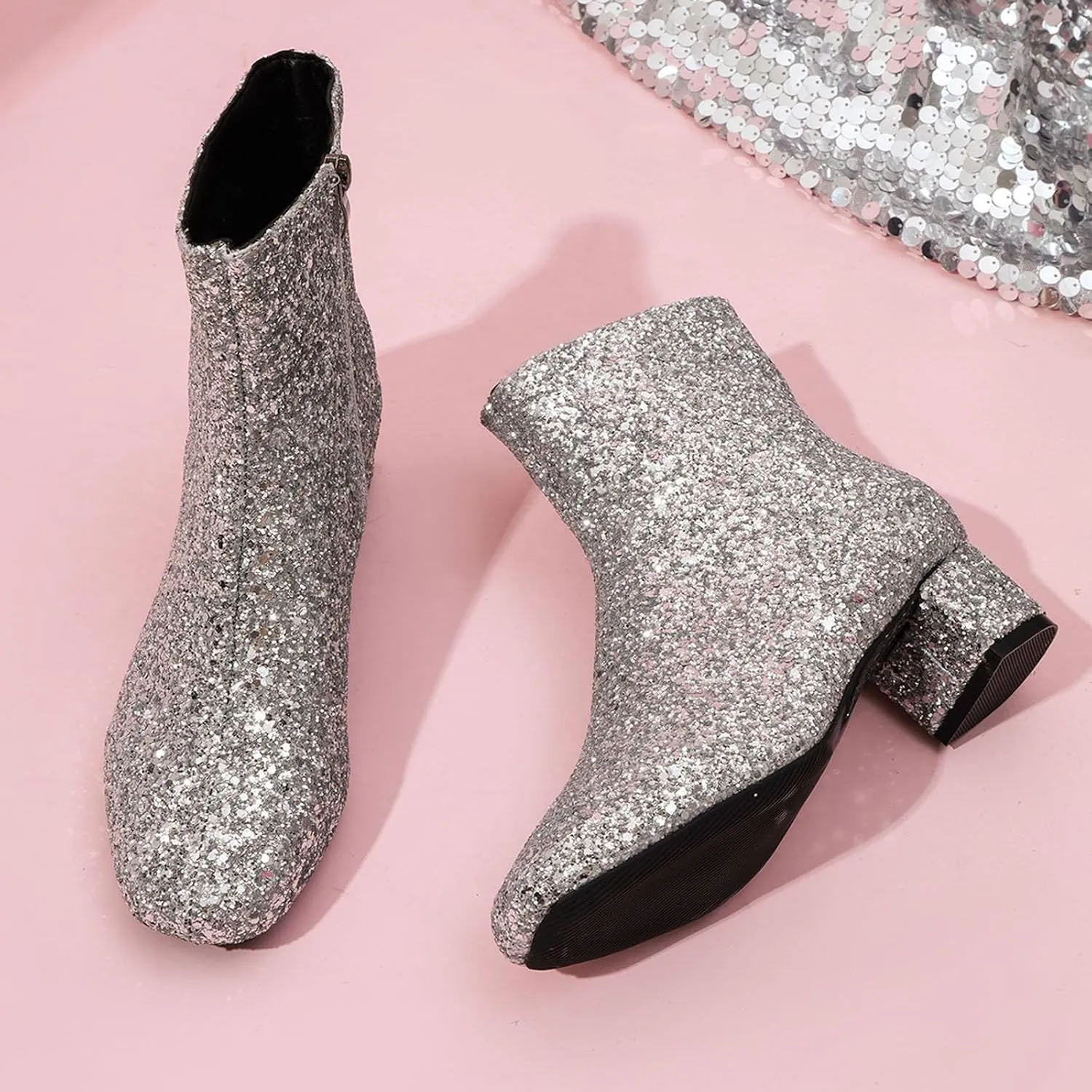 Women's Silver Glitter Chunky Ankle Booties - Zippered, Block Heel, Waterproof, Casual, Everyday Wear, Cosplay