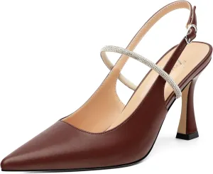Women's Slingback Heels, Pointed Toe Kitten Heels Crystal Ankle Strap Adjustable Buckle Stiletto High Heel Pumps Dress Shoes for Women Office Wedding Party 3.35''
