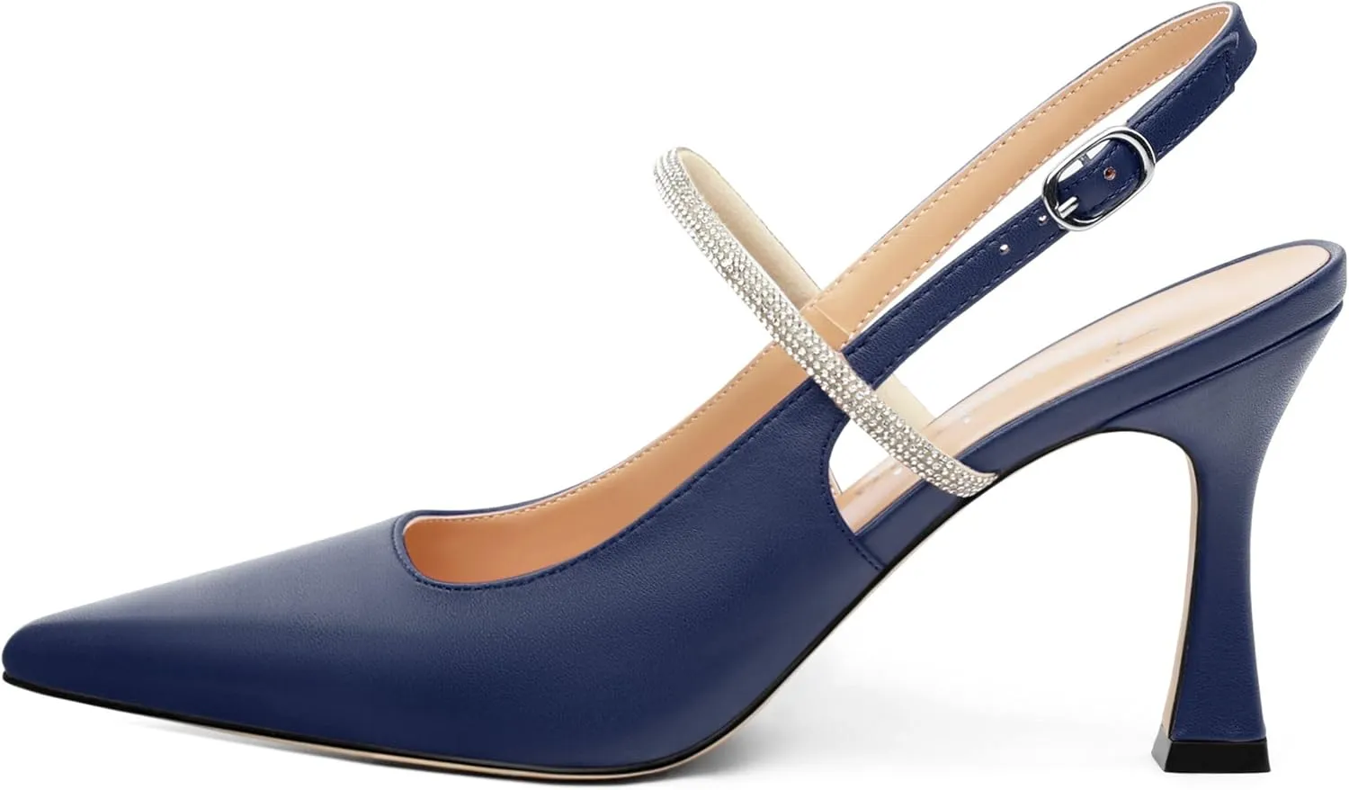 Women's Slingback Heels, Pointed Toe Kitten Heels Crystal Ankle Strap Adjustable Buckle Stiletto High Heel Pumps Dress Shoes for Women Office Wedding Party 3.35''