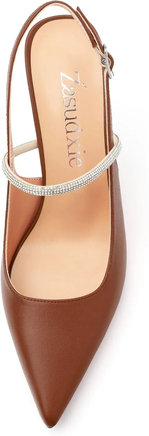 Women's Slingback Heels, Pointed Toe Kitten Heels Crystal Ankle Strap Adjustable Buckle Stiletto High Heel Pumps Dress Shoes for Women Office Wedding Party 3.35''