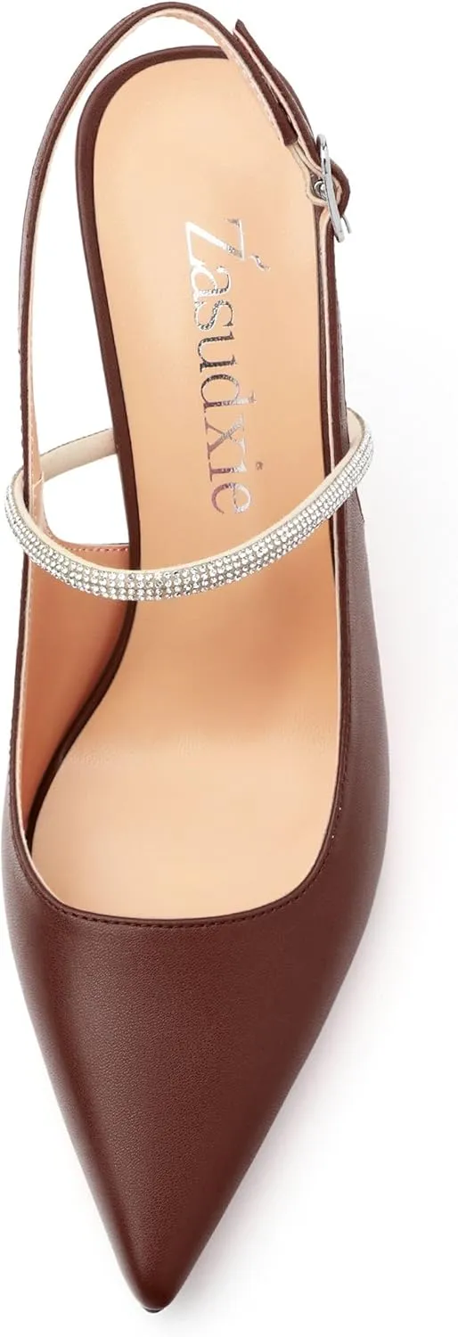 Women's Slingback Heels, Pointed Toe Kitten Heels Crystal Ankle Strap Adjustable Buckle Stiletto High Heel Pumps Dress Shoes for Women Office Wedding Party 3.35''