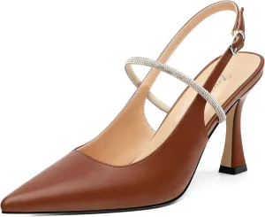 Women's Slingback Heels, Pointed Toe Kitten Heels Crystal Ankle Strap Adjustable Buckle Stiletto High Heel Pumps Dress Shoes for Women Office Wedding Party 3.35''