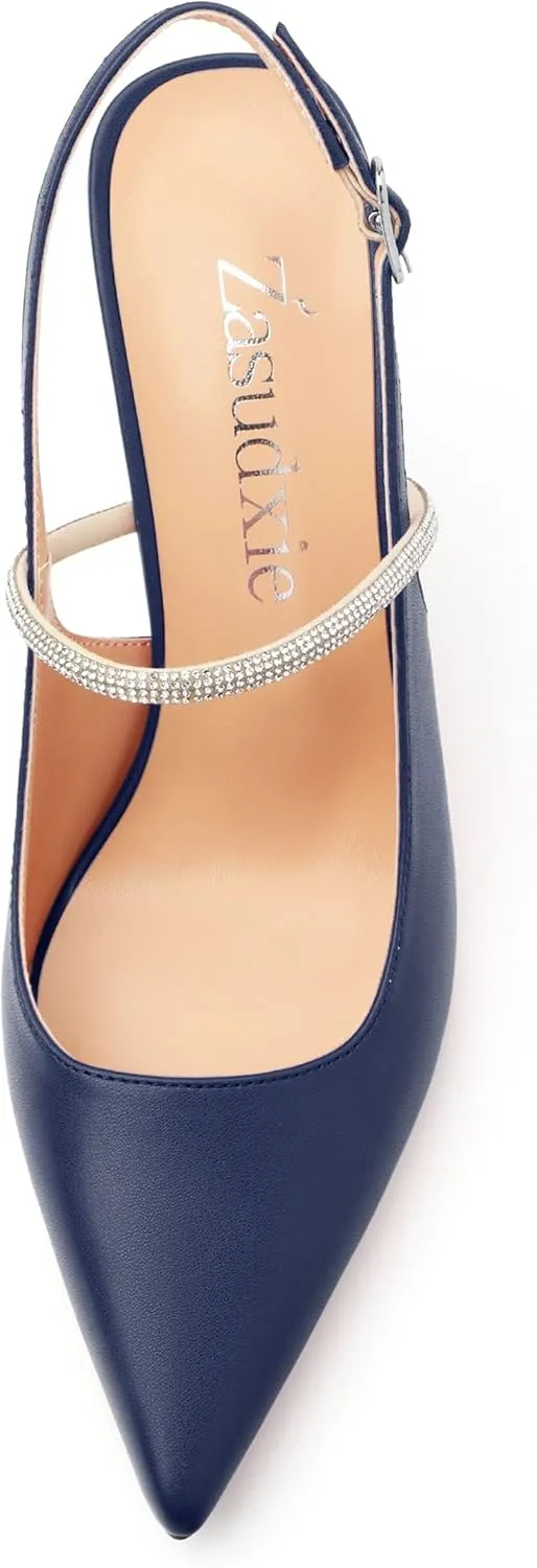 Women's Slingback Heels, Pointed Toe Kitten Heels Crystal Ankle Strap Adjustable Buckle Stiletto High Heel Pumps Dress Shoes for Women Office Wedding Party 3.35''