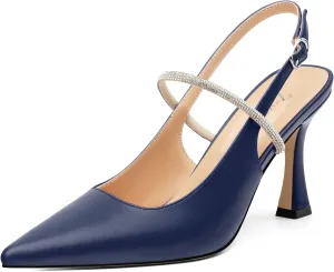 Women's Slingback Heels, Pointed Toe Kitten Heels Crystal Ankle Strap Adjustable Buckle Stiletto High Heel Pumps Dress Shoes for Women Office Wedding Party 3.35''