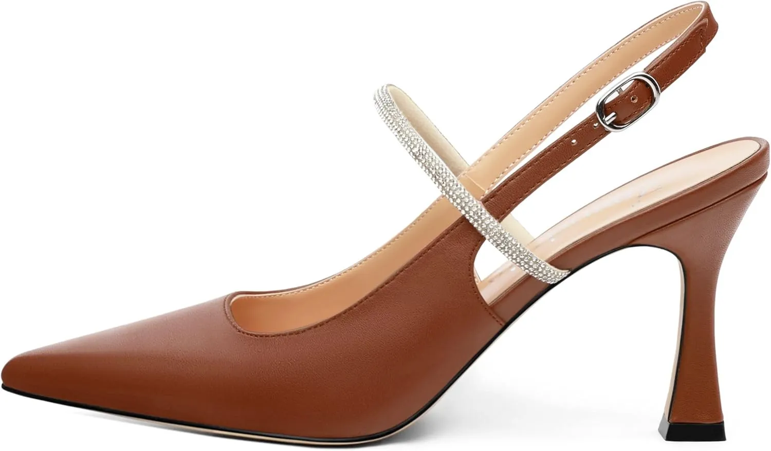 Women's Slingback Heels, Pointed Toe Kitten Heels Crystal Ankle Strap Adjustable Buckle Stiletto High Heel Pumps Dress Shoes for Women Office Wedding Party 3.35''