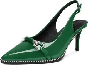 Women's Slingback Heels Sliver Beaded Kitten Pumps Closed Pointed Toe Stiletto Mid Heels Dress Bridal Wedding Comfortable 2.5 Inch Sandals