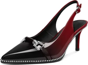 Women's Slingback Heels Sliver Beaded Kitten Pumps Closed Pointed Toe Stiletto Mid Heels Dress Bridal Wedding Comfortable 2.5 Inch Sandals