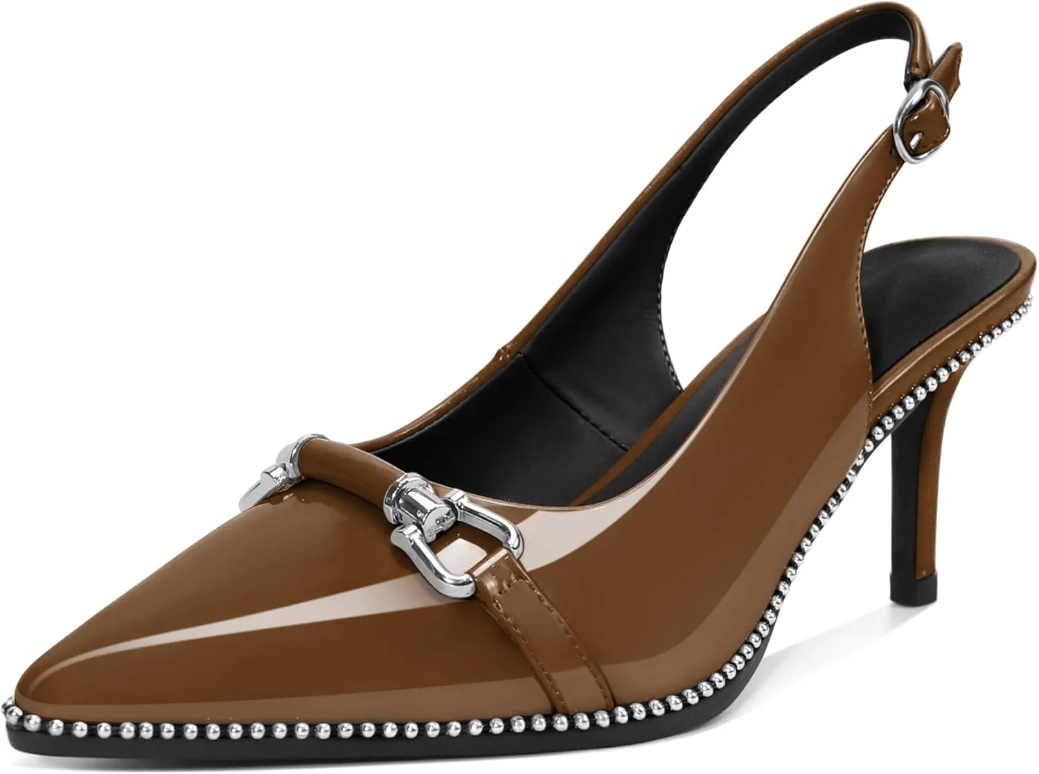 Women's Slingback Heels Sliver Beaded Kitten Pumps Closed Pointed Toe Stiletto Mid Heels Dress Bridal Wedding Comfortable 2.5 Inch Sandals