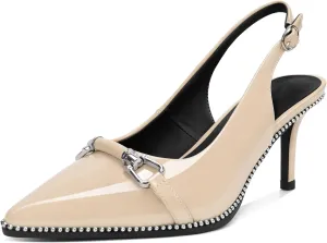 Women's Slingback Heels Sliver Beaded Kitten Pumps Closed Pointed Toe Stiletto Mid Heels Dress Bridal Wedding Comfortable 2.5 Inch Sandals