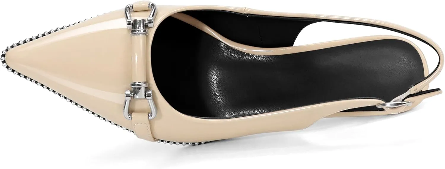 Women's Slingback Heels Sliver Beaded Kitten Pumps Closed Pointed Toe Stiletto Mid Heels Dress Bridal Wedding Comfortable 2.5 Inch Sandals