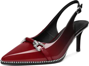 Women's Slingback Heels Sliver Beaded Kitten Pumps Closed Pointed Toe Stiletto Mid Heels Dress Bridal Wedding Comfortable 2.5 Inch Sandals