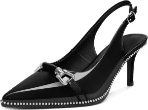 Women's Slingback Heels Sliver Beaded Kitten Pumps Closed Pointed Toe Stiletto Mid Heels Dress Bridal Wedding Comfortable 2.5 Inch Sandals
