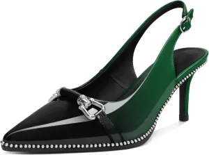 Women's Slingback Heels Sliver Beaded Kitten Pumps Closed Pointed Toe Stiletto Mid Heels Dress Bridal Wedding Comfortable 2.5 Inch Sandals