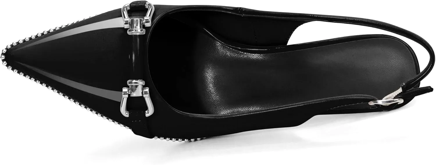 Women's Slingback Heels Sliver Beaded Kitten Pumps Closed Pointed Toe Stiletto Mid Heels Dress Bridal Wedding Comfortable 2.5 Inch Sandals