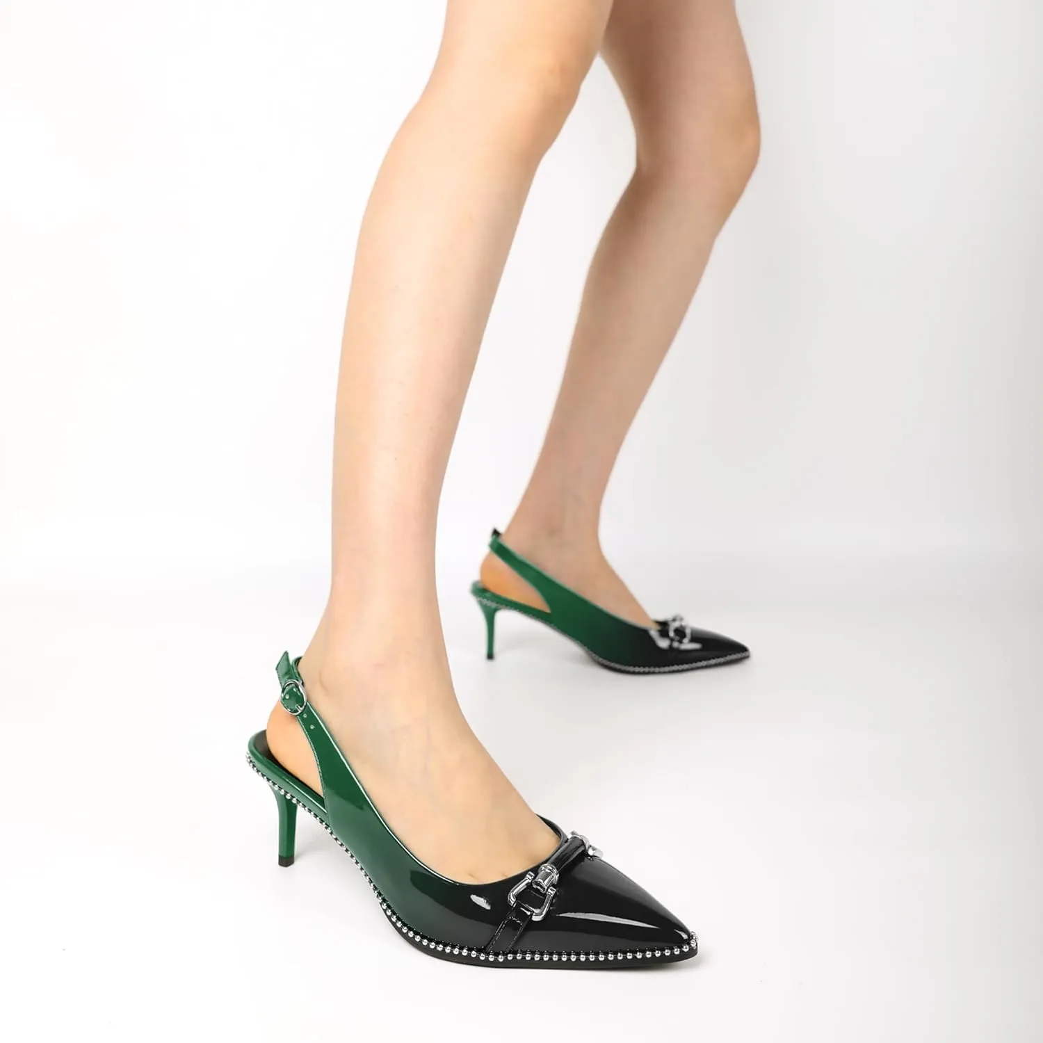 Women's Slingback Heels Sliver Beaded Kitten Pumps Closed Pointed Toe Stiletto Mid Heels Dress Bridal Wedding Comfortable 2.5 Inch Sandals