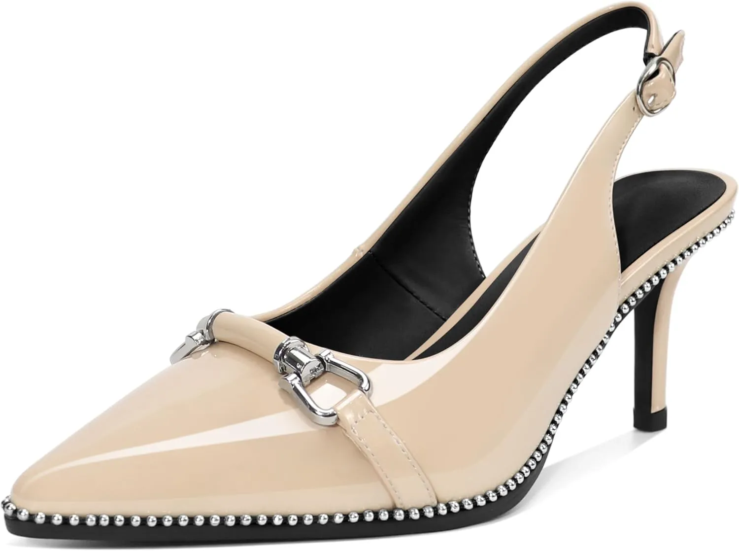 Women's Slingback Heels Sliver Beaded Kitten Pumps Closed Pointed Toe Stiletto Mid Heels Dress Bridal Wedding Comfortable 2.5 Inch Sandals