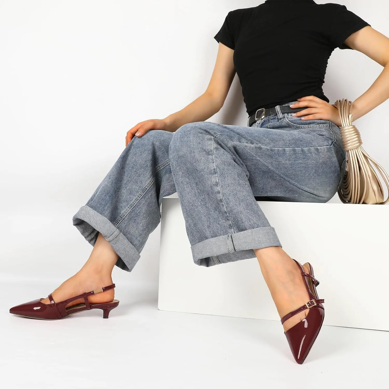 Women's Slingback Kitten Heels Mary Jane Heels Pointed Toe Heel Low Heel Pumps 1.4 Inch Fashion Retro Dress Shoes