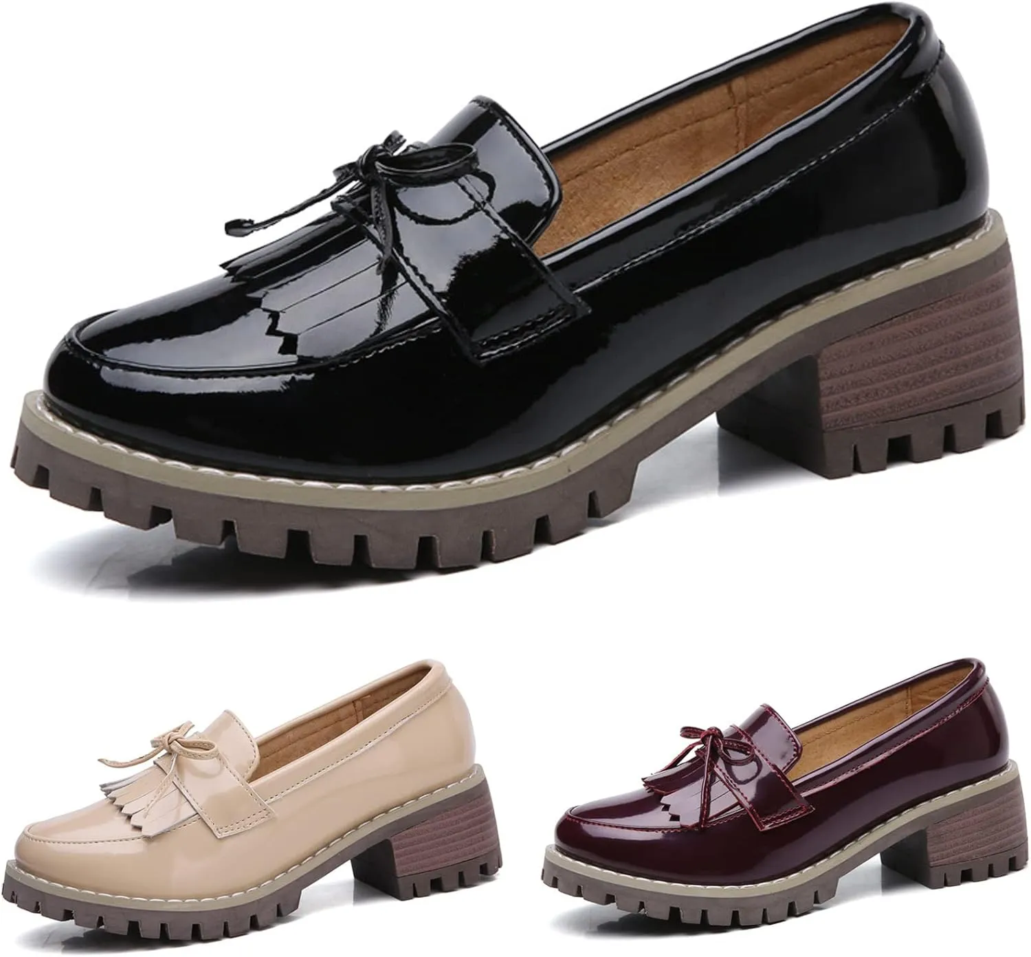 Women's Smooth Tassel Loafers,Slip-On Non-Slip Wedge Heel Platform Oxford Shoes