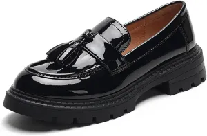 Women's Tassel Loafers Platform Chunky Black Patent Leather Fashion Penny