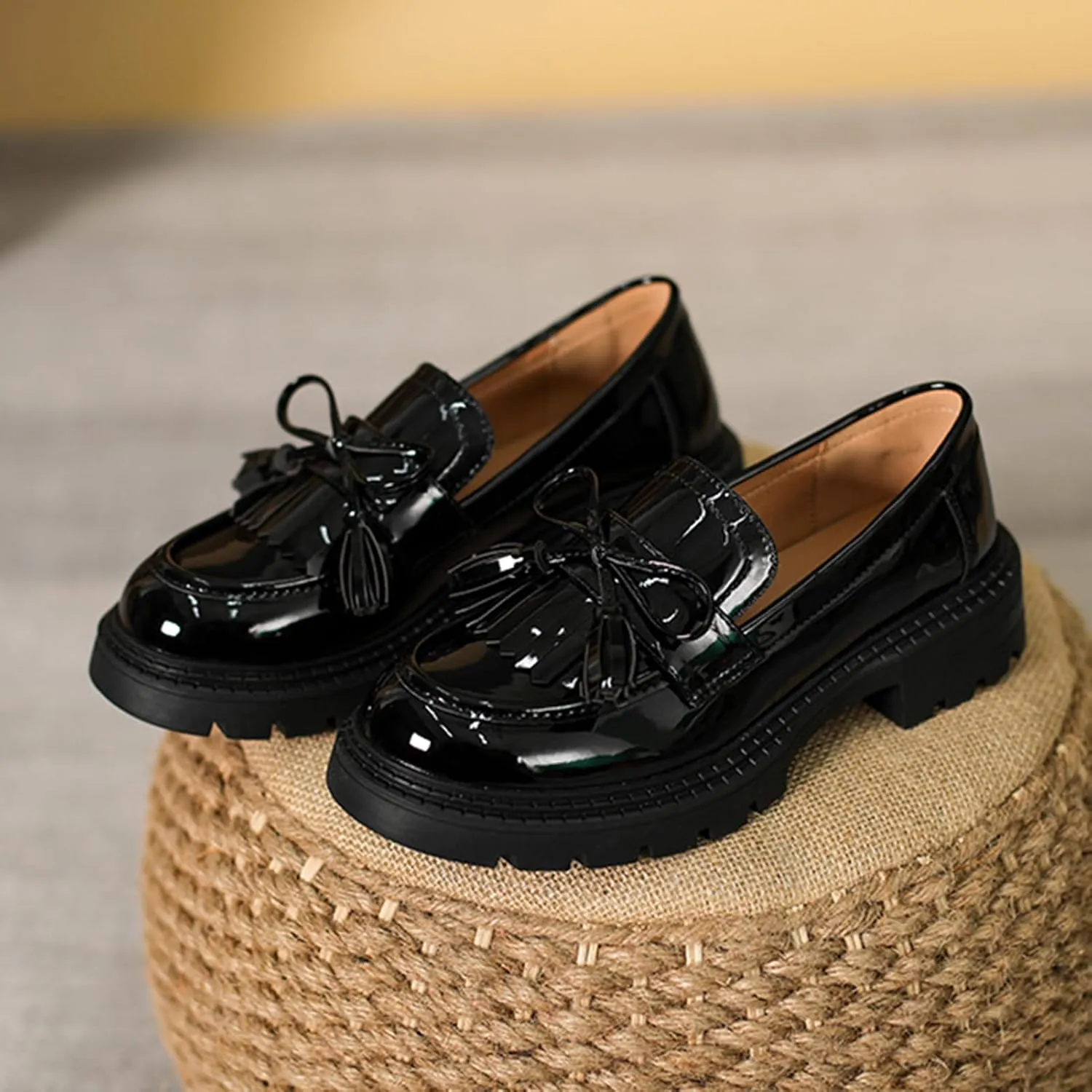 Women's Tassel Loafers Platform Chunky Black Patent Leather Fashion Penny