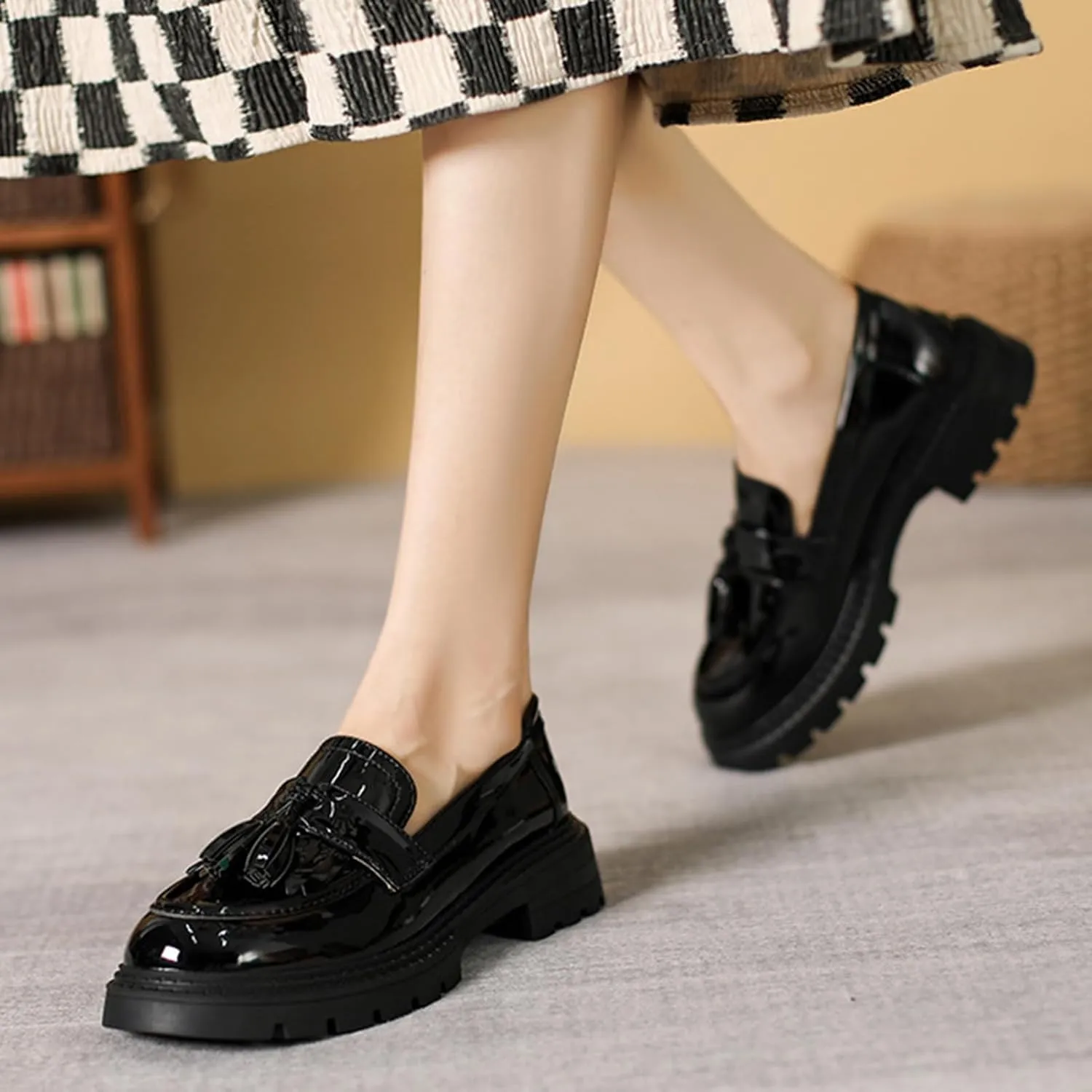 Women's Tassel Loafers Platform Chunky Black Patent Leather Fashion Penny