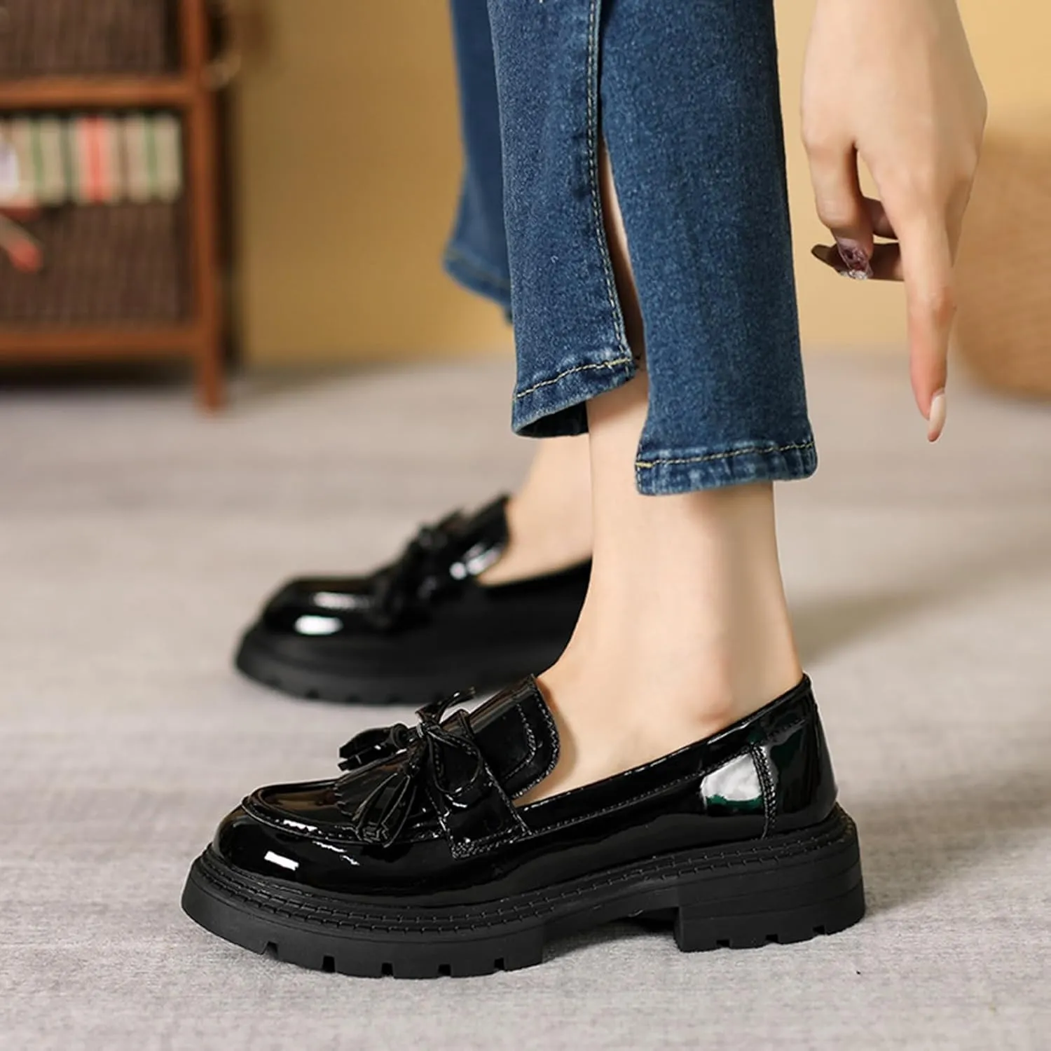 Women's Tassel Loafers Platform Chunky Black Patent Leather Fashion Penny